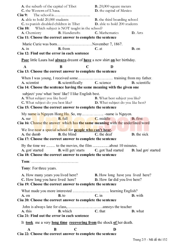 Đề thi giữa học kì 1 môn Tiếng Anh lớp 10 có đáp án