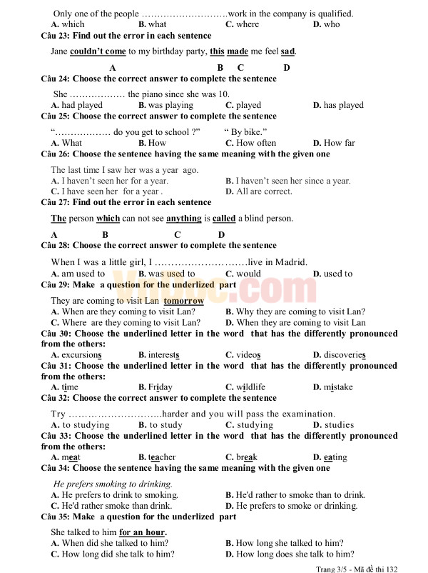 Đề thi giữa học kì 1 lớp 10 môn Anh thí điểm 