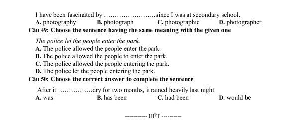 Đề và đáp án thi giữa học kỳ 2 môn tiếng Anh