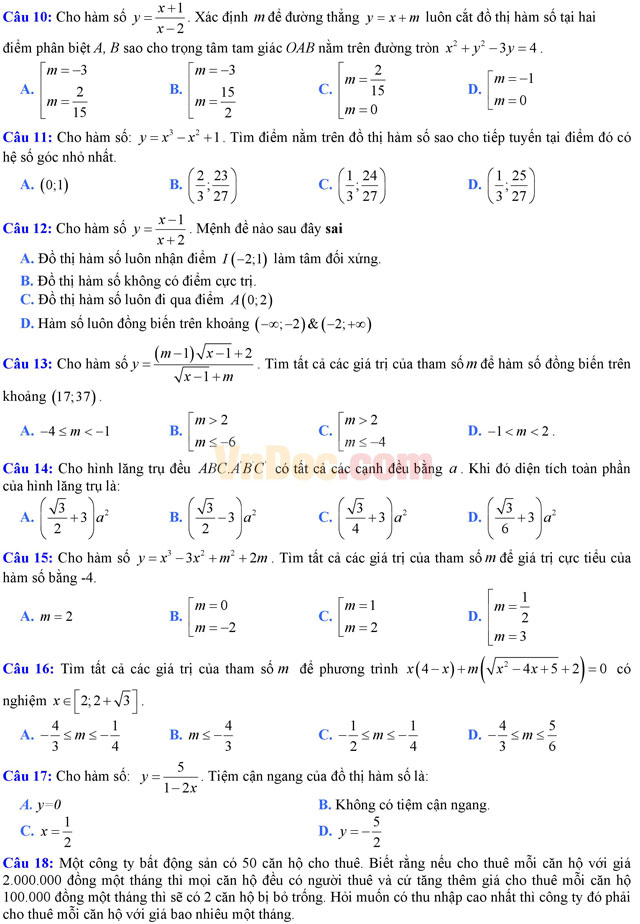 Đề thi thử THPT Quốc gia năm 2017 môn Toán trắc nghiệm có đáp án