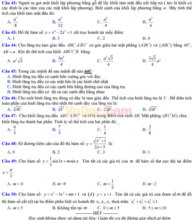 Đề thi thử THPT Quốc gia năm 2017 môn Toán trắc nghiệm có đáp án
