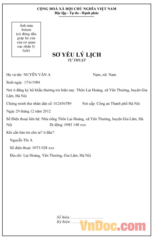 Mẫu sơ yếu lý lịch tự thuật