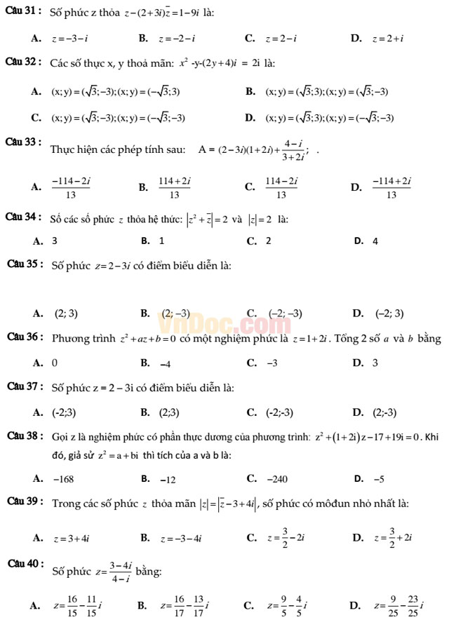 50 câu trắc nghiệm số phức (Có đáp án)