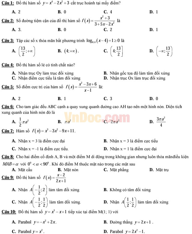 10 đề ôn thi học kì 1 môn Toán lớp 12 năm học 2016 - 2017 có đáp án