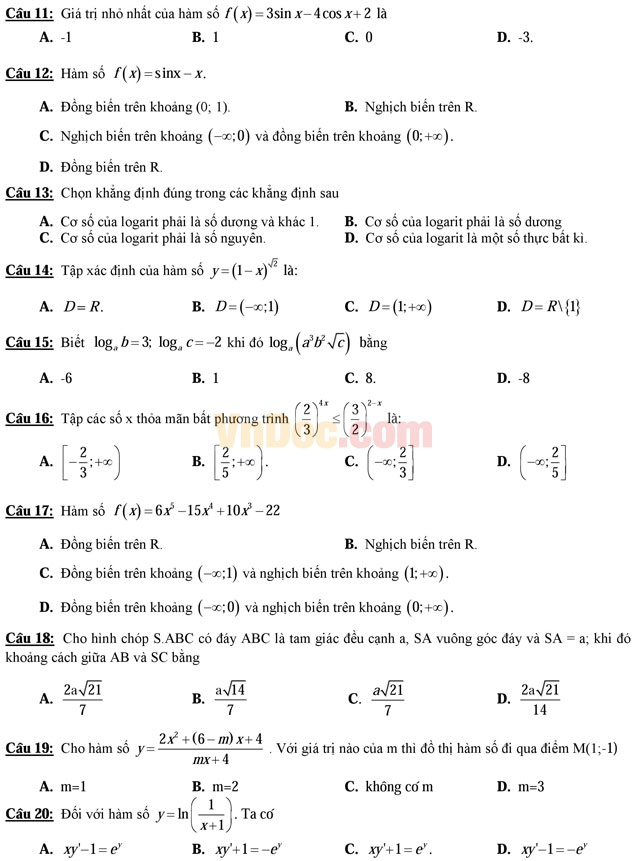 10 đề ôn thi học kì 1 môn Toán lớp 12 năm học 2016 - 2017 có đáp án