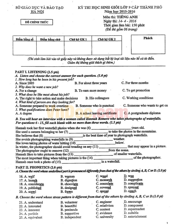 Đề thi học sinh giỏi thành phố môn tiếng Anh lớp 9