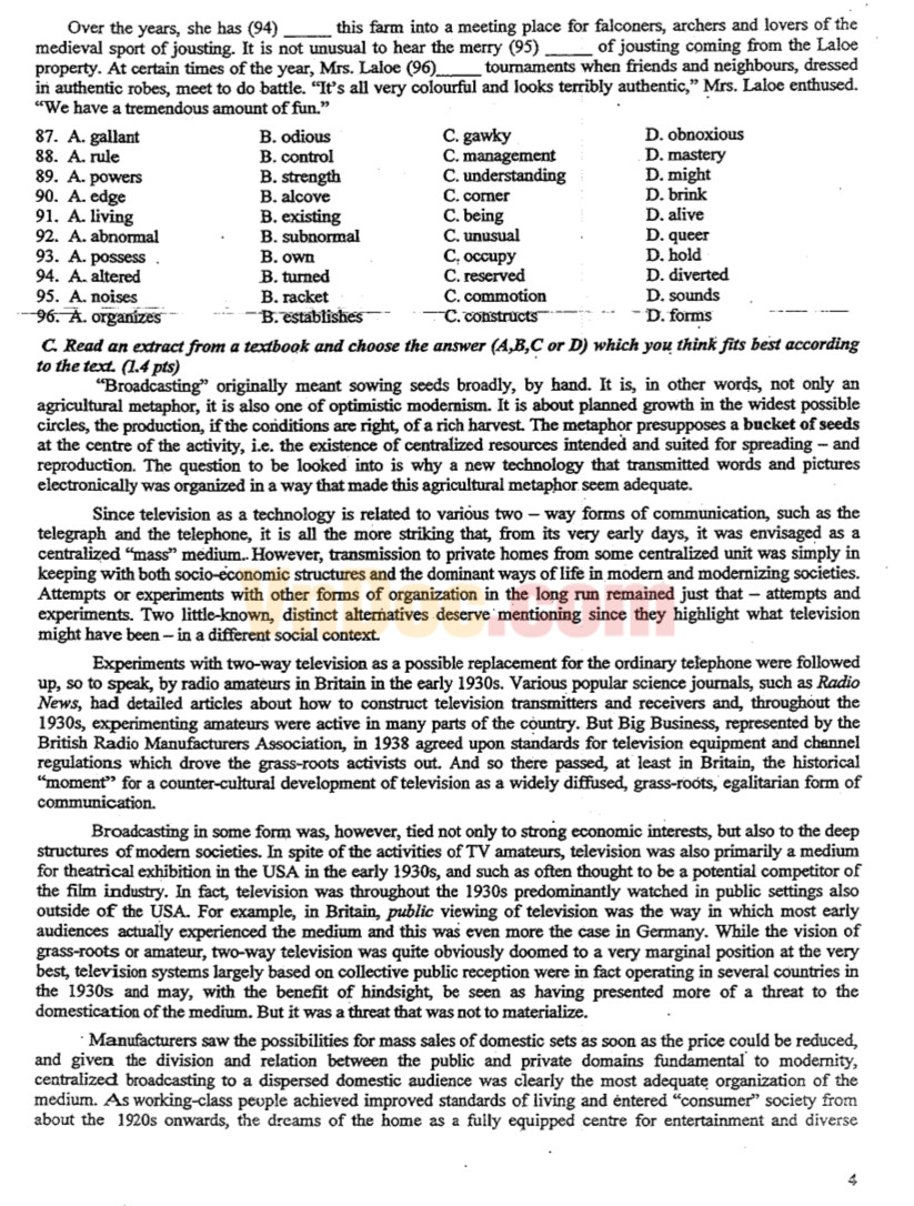 Đề thi chọn học sinh giỏi môn Tiếng Anh lớp 9 có đáp án