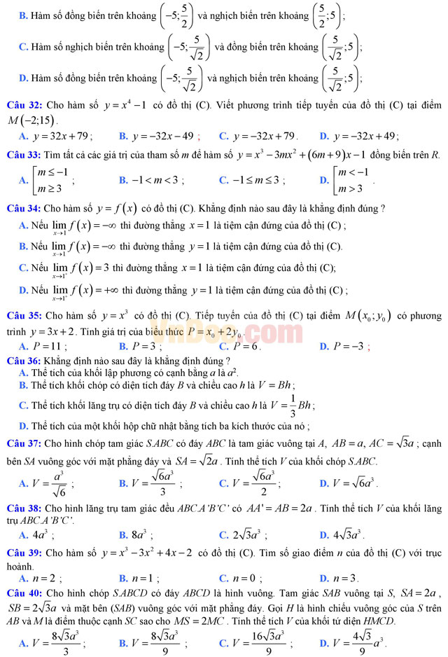 Đề kiểm tra giải tích và hình học chương 1 môn Toán lớp 12 có đáp án