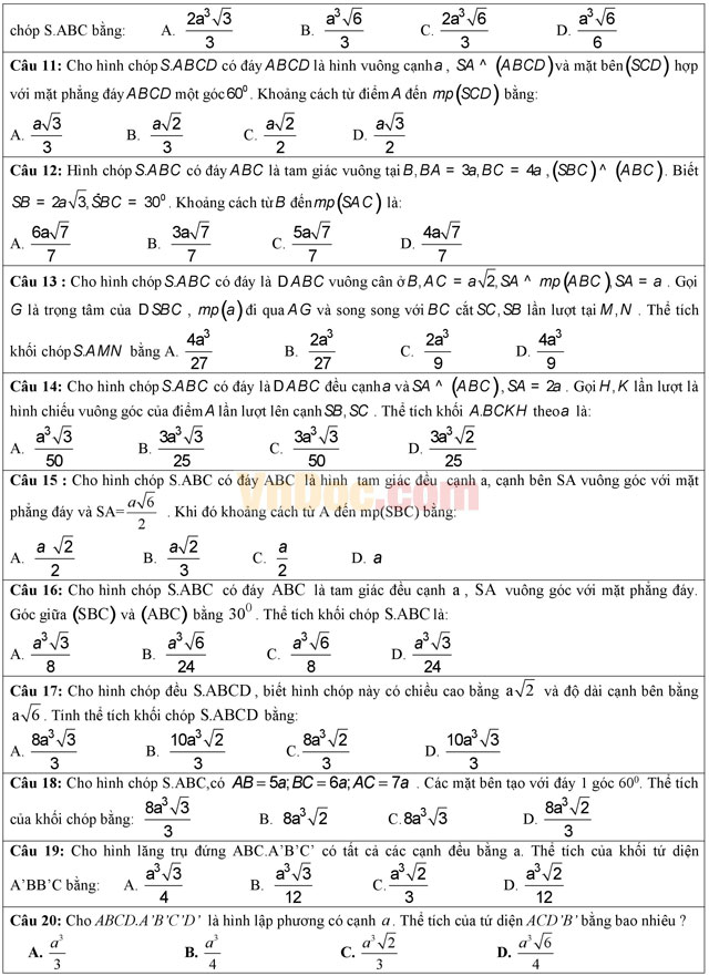 Đề kiểm tra 45 phút trắc nghiệm Hình học lớp 12