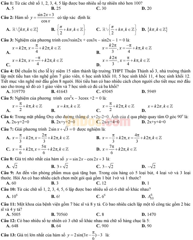 Đề thi giữa học kì 1 môn Toán lớp 11 trường THPT Thuận Thành 3, Bắc Ninh năm học 2016 - 2017 Đề thi giữa học kì 1 môn Toán lớp 11