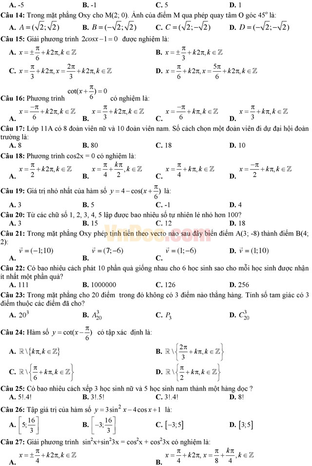 Đề thi giữa học kì 1 môn Toán lớp 11 trường THPT Thuận Thành 3, Bắc Ninh năm học 2016 - 2017 Đề thi giữa học kì 1 môn Toán lớp 11