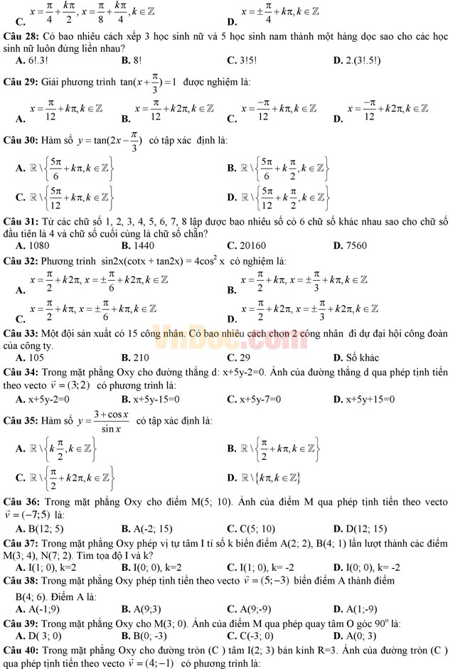 Đề thi giữa học kì 1 môn Toán lớp 11 trường THPT Thuận Thành 3, Bắc Ninh năm học 2016 - 2017 Đề thi giữa học kì 1 môn Toán lớp 11