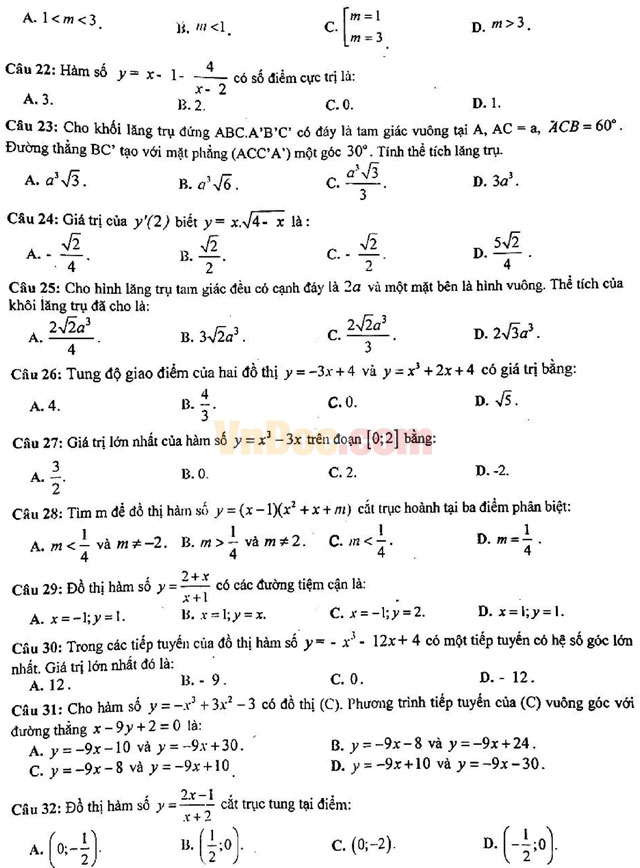 Đề thi giữa học kì 1 môn Toán lớp 12 trường THPT Chu Văn An năm học 2016 - 2017