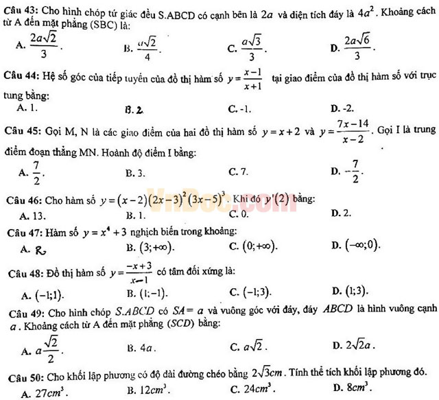 Đề thi giữa học kì 1 môn Toán lớp 12 trường THPT Chu Văn An năm học 2016 - 2017
