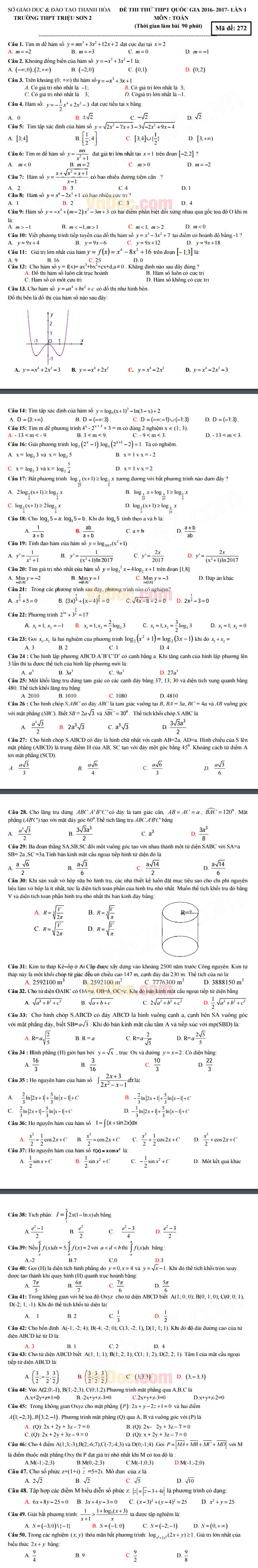 Đề thi thử THPT Quốc gia năm 2017 môn Toán trắc nghiệm trường THPT Triệu Sơn 2, Thanh Hóa (Lần 1) Đề thi thử THPT Quốc gia năm 2017 môn Toán trắc nghiệm có đáp án
