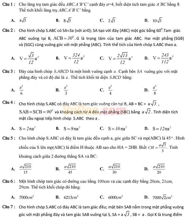Tuyển tập 350 bài tập trắc nghiệm về chuyên đề thể tích