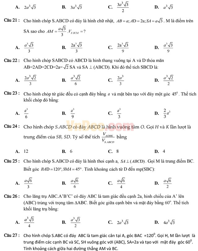 Tuyển tập 350 bài tập trắc nghiệm về chuyên đề thể tích