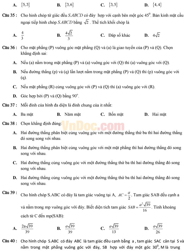 Tuyển tập 350 bài tập trắc nghiệm về chuyên đề thể tích