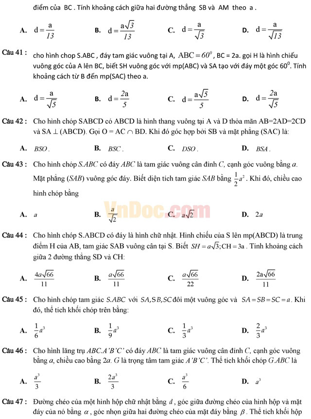 Tuyển tập 350 bài tập trắc nghiệm về chuyên đề thể tích