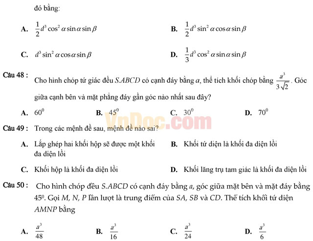 Tuyển tập 350 bài tập trắc nghiệm về chuyên đề thể tích