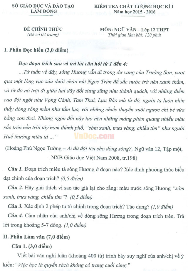 Đề thi học kì 1 môn Ngữ văn lớp 12 trường THPT Lộc Phát, Lâm Đồng năm học 2015 - 2016 Đề thi học kì 1 môn Ngữ văn lớp 12 có đáp án