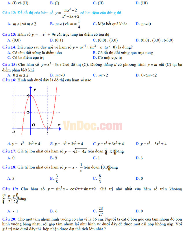 Đề thi học kì 1 môn Toán lớp 12 trường THPT Nguyễn Văn Linh, Ninh Thuận năm học 2016 - 2017 Đề thi học kì 1 môn Toán lớp 12 có đáp án