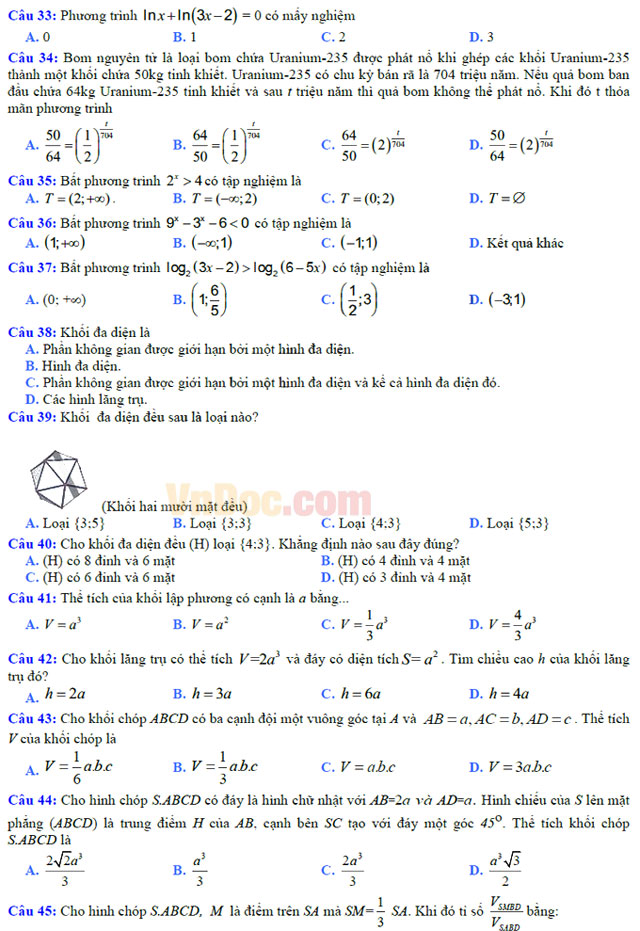 Đề thi học kì 1 môn Toán lớp 12 trường THPT Nguyễn Văn Linh, Ninh Thuận năm học 2016 - 2017 Đề thi học kì 1 môn Toán lớp 12 có đáp án