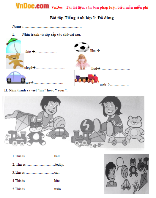 Bài tập Tiếng Anh lớp 1: Đồ dùng có đáp án Bài tập Tiếng Anh lớp 1: Đồ dùng