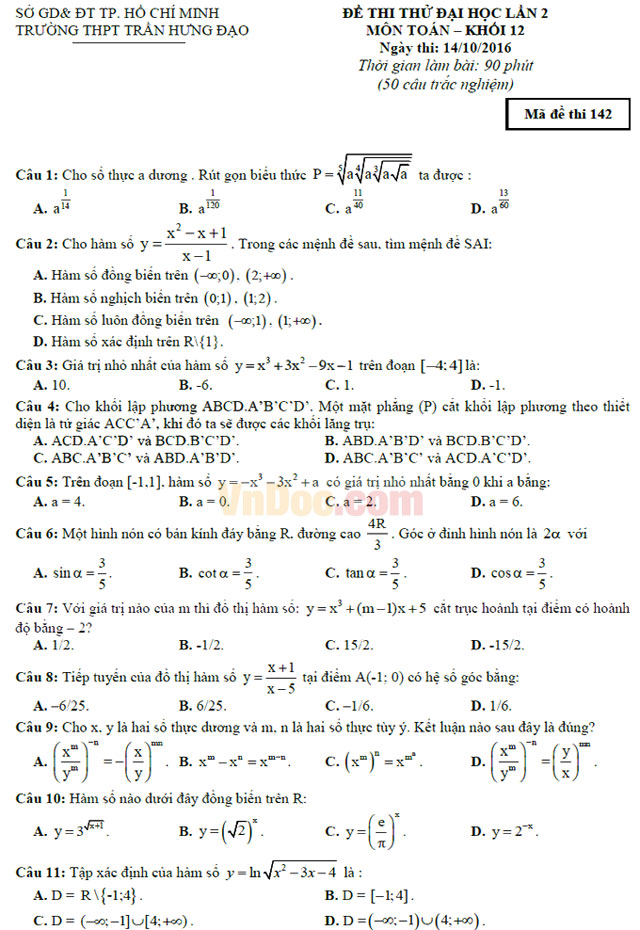 Đề thi thử THPT Quốc gia năm 2017 môn Toán trắc nghiệm trường THPT Trần Hưng Đạo, TP. Hồ Chí Minh (Lần 2) Đề thi thử THPT Quốc gia năm 2017 môn Toán trắc nghiệm có đáp án
