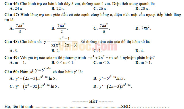Đề thi thử THPT Quốc gia năm 2017 môn Toán trắc nghiệm trường THPT Trần Hưng Đạo, TP. Hồ Chí Minh (Lần 2) Đề thi thử THPT Quốc gia năm 2017 môn Toán trắc nghiệm có đáp án