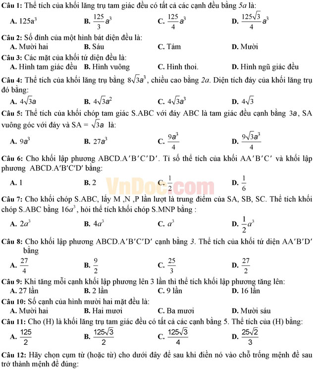 Đề kiểm tra 45 phút môn Toán lớp 12 có đáp án