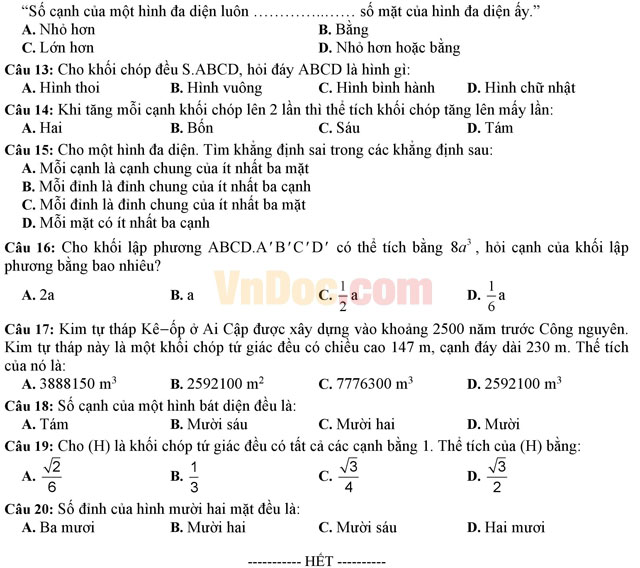 Đề kiểm tra 45 phút môn Toán lớp 12 có đáp án