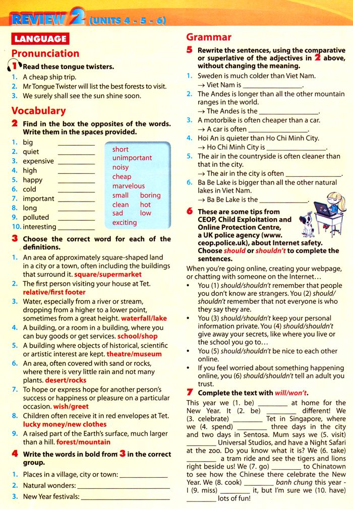 Bài tập Tiếng Anh lớp 6 Chương trình mới Unit 4, 5, 6