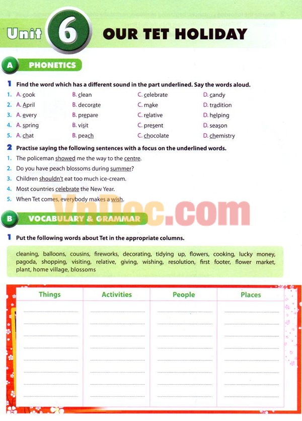 Bài tập Tiếng Anh lớp 6 Chương trình mới Unit 6 Bài tập Tiếng Anh lớp 6 Chương trình mới Unit 6: OUR TET HOLIDAY