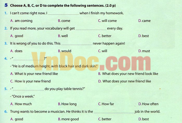 Đề kiểm tra 1 tiết Tiếng Anh lớp 6 Chương trình mới - Lần 2 có đáp án