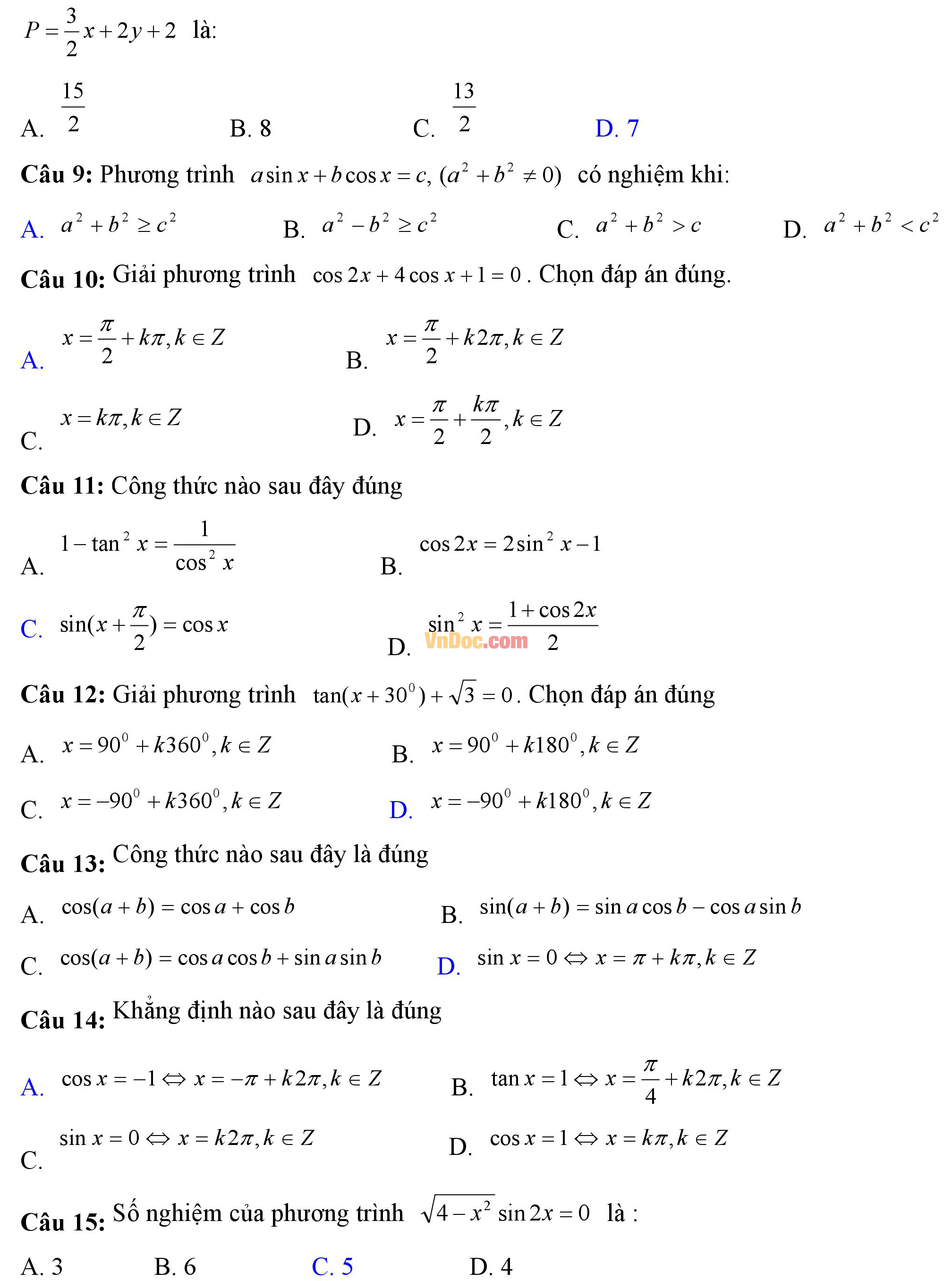 Đề kiểm tra 1 tiết hk1 môn toán lượng giác lớp 11