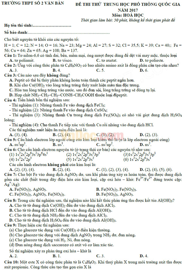 Đề thi thử THPT Quốc gia năm 2017 môn Hóa học có đáp án
