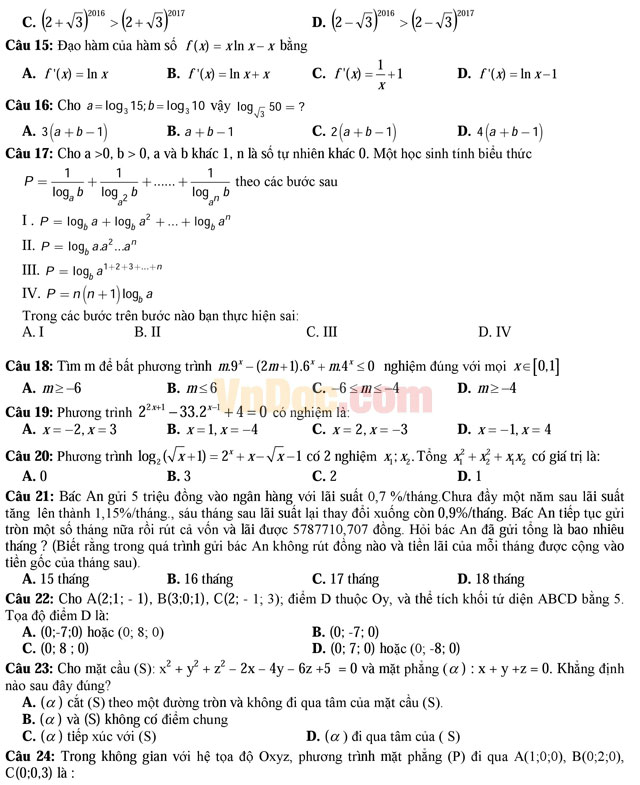 Đề thi thử THPT Quốc gia năm 2017 môn Toán trắc nghiệm