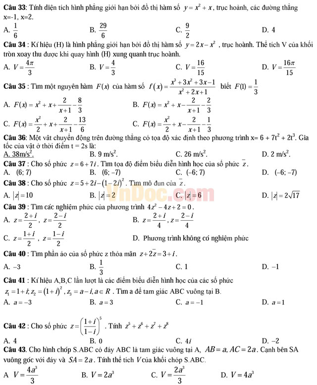 Đề thi thử THPT Quốc gia năm 2017 môn Toán trắc nghiệm