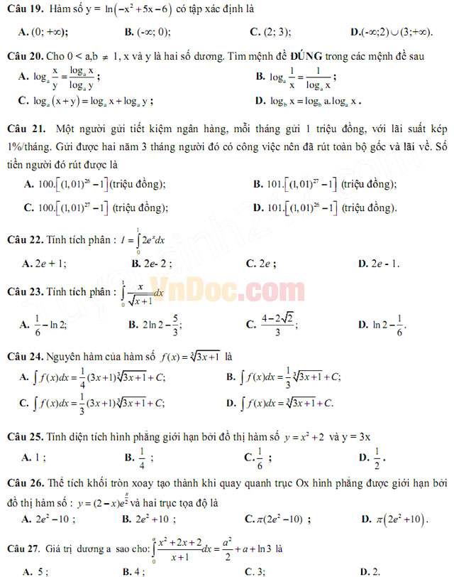 Đề thi thử THPT Quốc gia năm 2017 môn Toán trắc nghiệm có đáp án