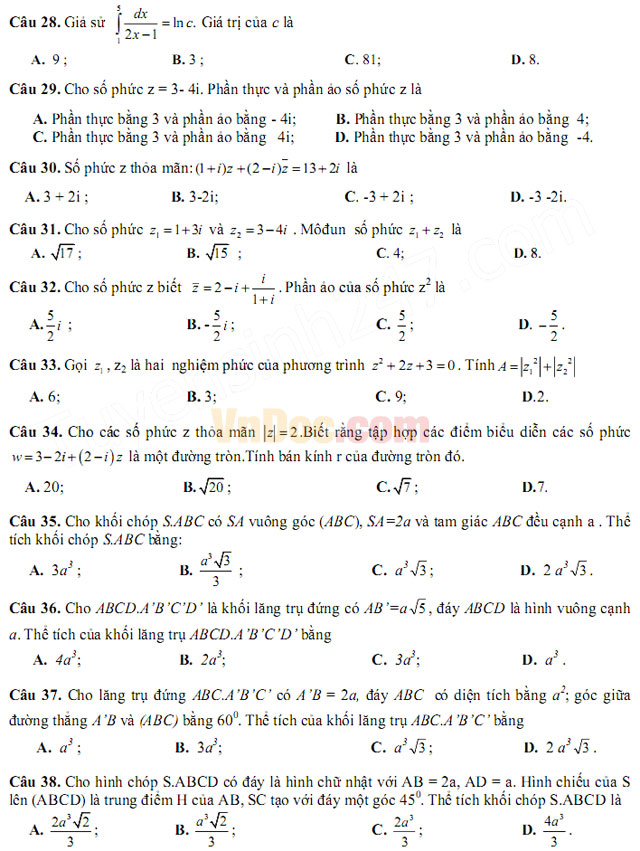 Đề thi thử THPT Quốc gia năm 2017 môn Toán trắc nghiệm có đáp án