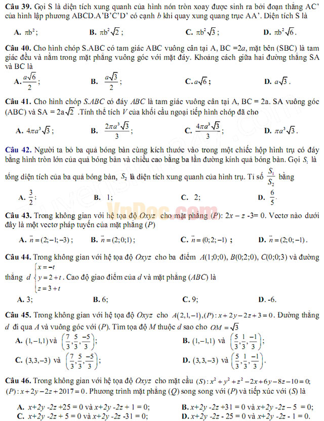 Đề thi thử THPT Quốc gia năm 2017 môn Toán trắc nghiệm có đáp án