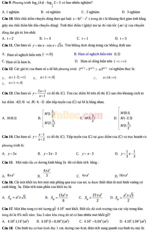 Đề thi thử THPT Quốc gia năm 2017 môn Toán trắc nghiệm trường THPT chuyên Thái Bình (Lần 1) Đề thi thử THPT Quốc gia năm 2017 môn Toán trắc nghiệm có đáp án