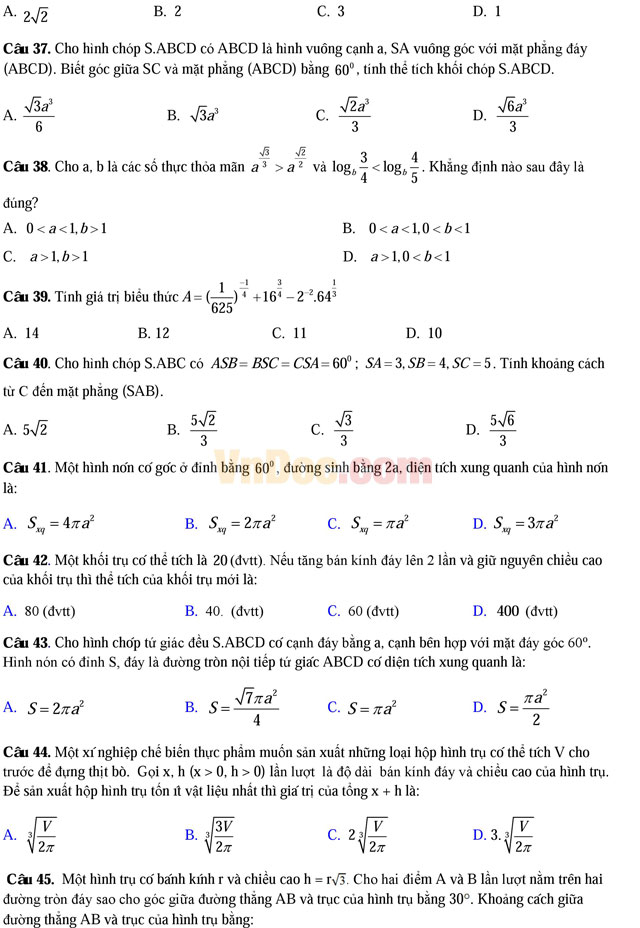 Đề thi thử THPT Quốc gia năm 2017 môn Toán trắc nghiệm trường THPT chuyên Thái Bình (Lần 1) Đề thi thử THPT Quốc gia năm 2017 môn Toán trắc nghiệm có đáp án