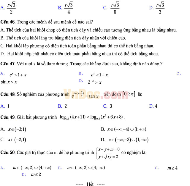 Đề thi thử THPT Quốc gia năm 2017 môn Toán trắc nghiệm trường THPT chuyên Thái Bình (Lần 1) Đề thi thử THPT Quốc gia năm 2017 môn Toán trắc nghiệm có đáp án