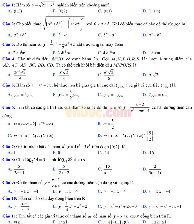 Đề thi thử THPT Quốc gia năm 2017 môn Toán trắc nghiệm trường THPT Ngô Gia Tự, Vĩnh Phúc (Lần 1) Đề thi thử THPT Quốc gia năm 2017 môn Toán trắc nghiệm có đáp án