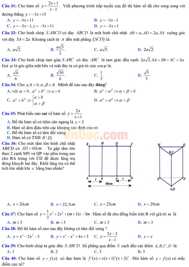 Đề thi thử THPT Quốc gia năm 2017 môn Toán trắc nghiệm trường THPT Ngô Gia Tự, Vĩnh Phúc (Lần 1) Đề thi thử THPT Quốc gia năm 2017 môn Toán trắc nghiệm có đáp án