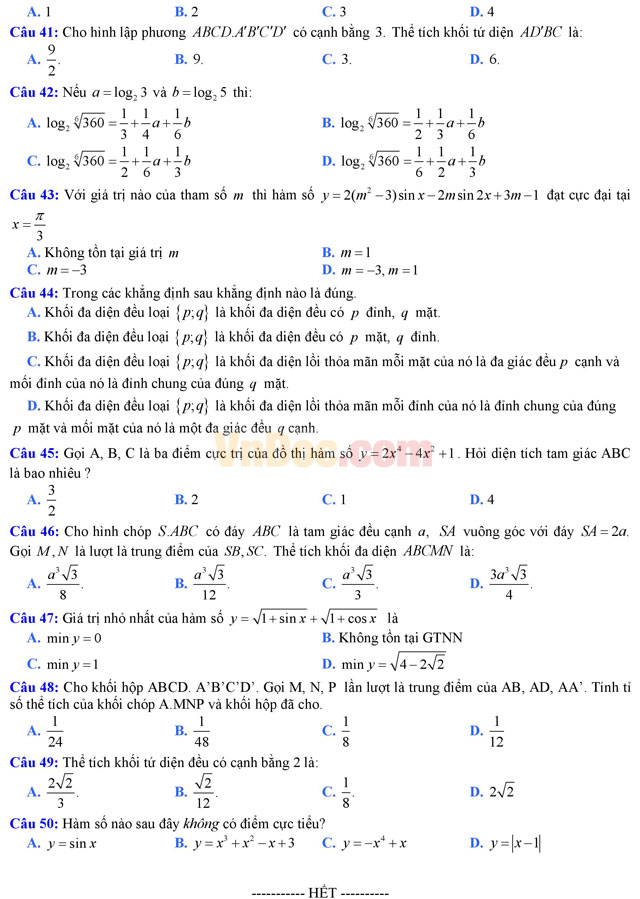Đề thi thử THPT Quốc gia năm 2017 môn Toán trắc nghiệm trường THPT Ngô Gia Tự, Vĩnh Phúc (Lần 1) Đề thi thử THPT Quốc gia năm 2017 môn Toán trắc nghiệm có đáp án