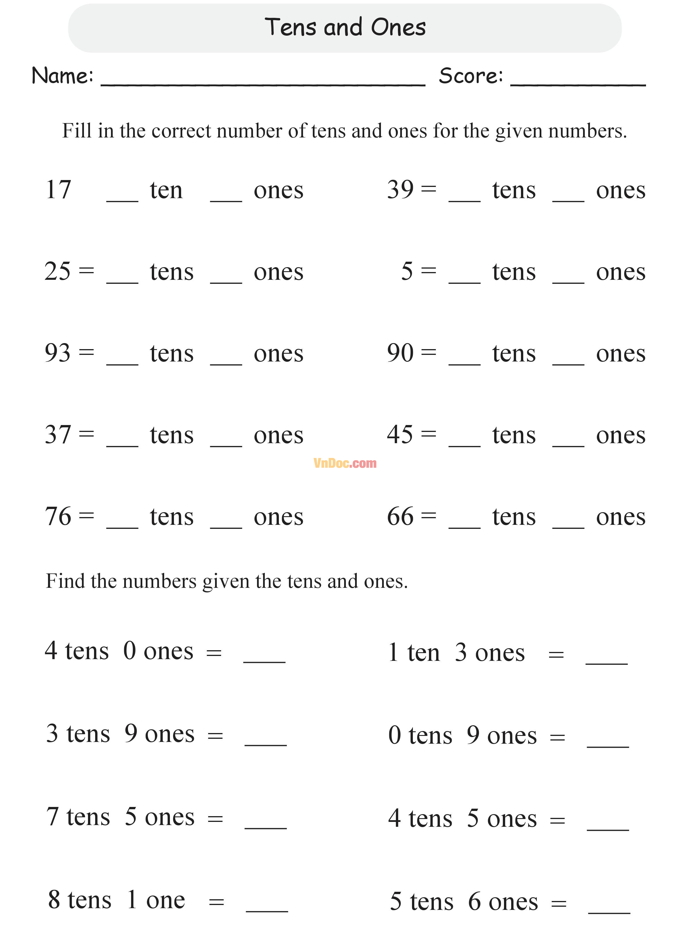 2 Digit Place Value Học Toán Tiếng Anh lớp 1 bài 15