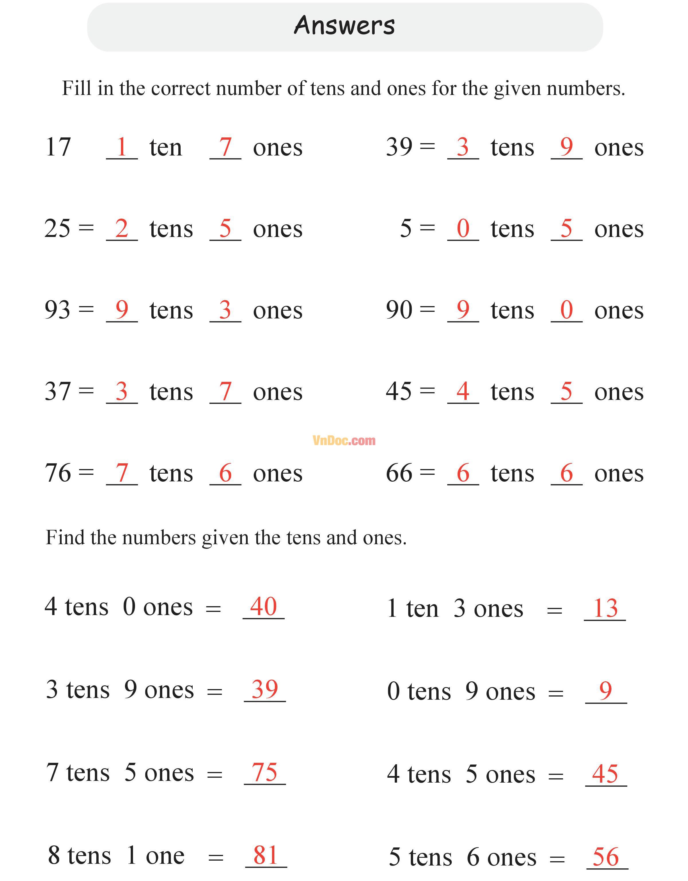 2 Digit Place Value Học Toán Tiếng Anh lớp 1 bài 15
